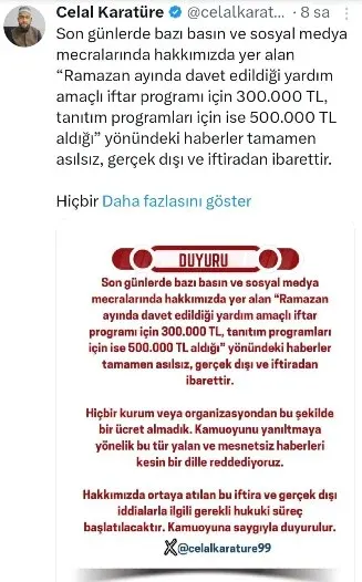 Celal Karatüre’den 500 Bin TL İddiasına Yanıt Celal Karatüre’den 500 Bin TL İddiasına Yanıt