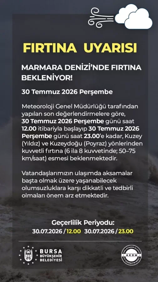 Marmara'da Fırtına Alarmı! Bursa İçin Saat Verildi